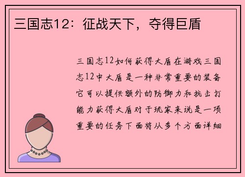 三国志12：征战天下，夺得巨盾